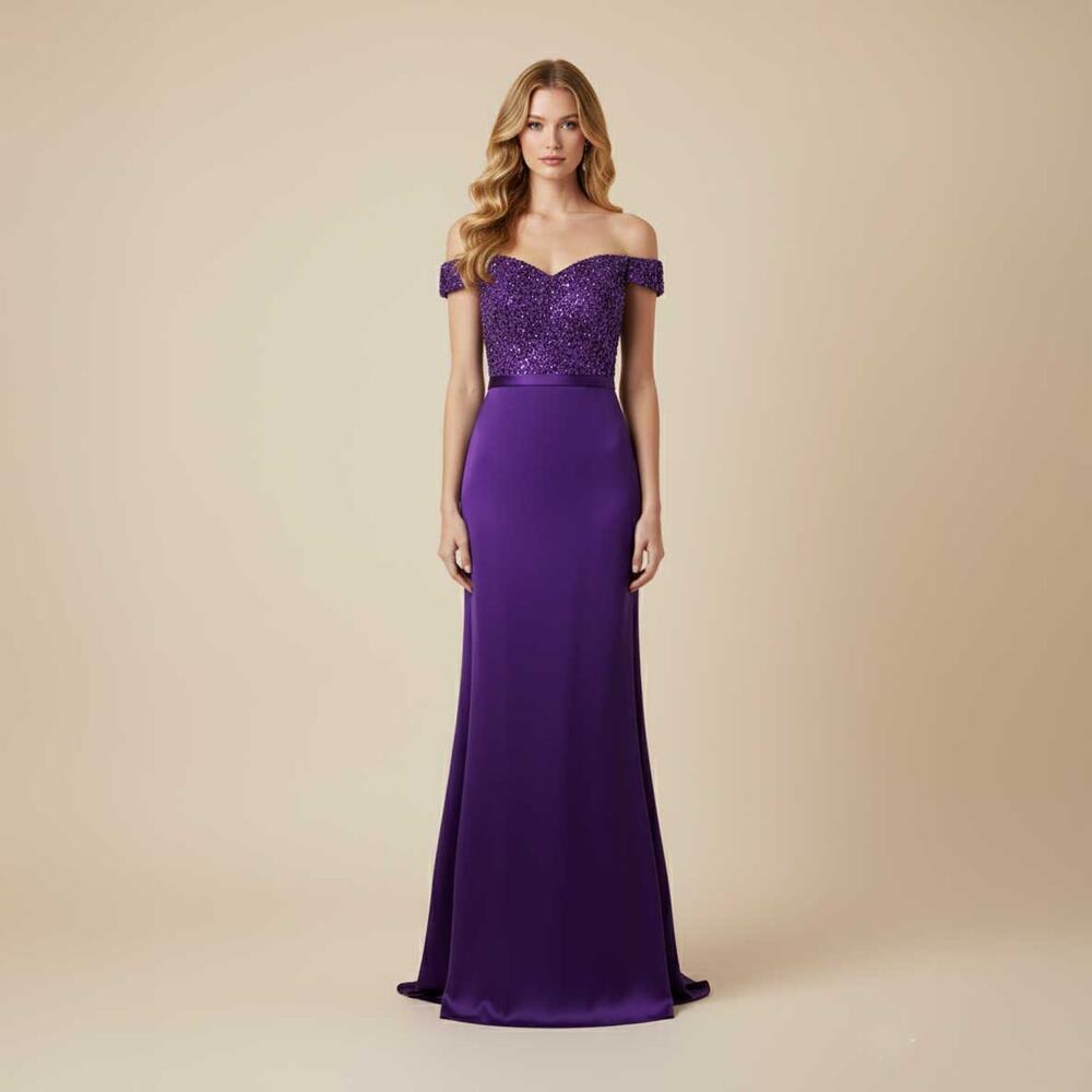 Purple Off the Shoulder Lace Sleek Prom Evening Dress XH1027